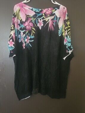 CJ Banks Black Tunic with Pink & Teal Floral Yoke